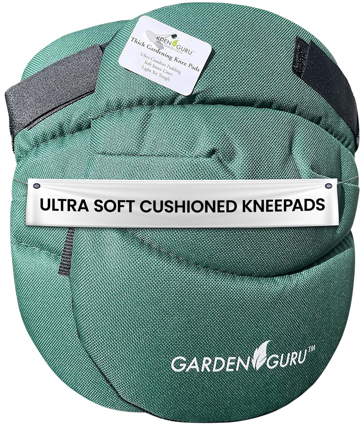 Green extra cushioned gardening kneepads with thick foam padding and hook-and-loop strap