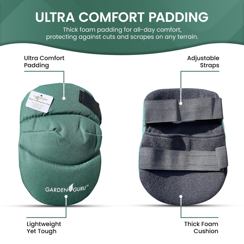 Extra cushioned gardening kneepads with adjustable straps and thick foam cushioning, green and gray