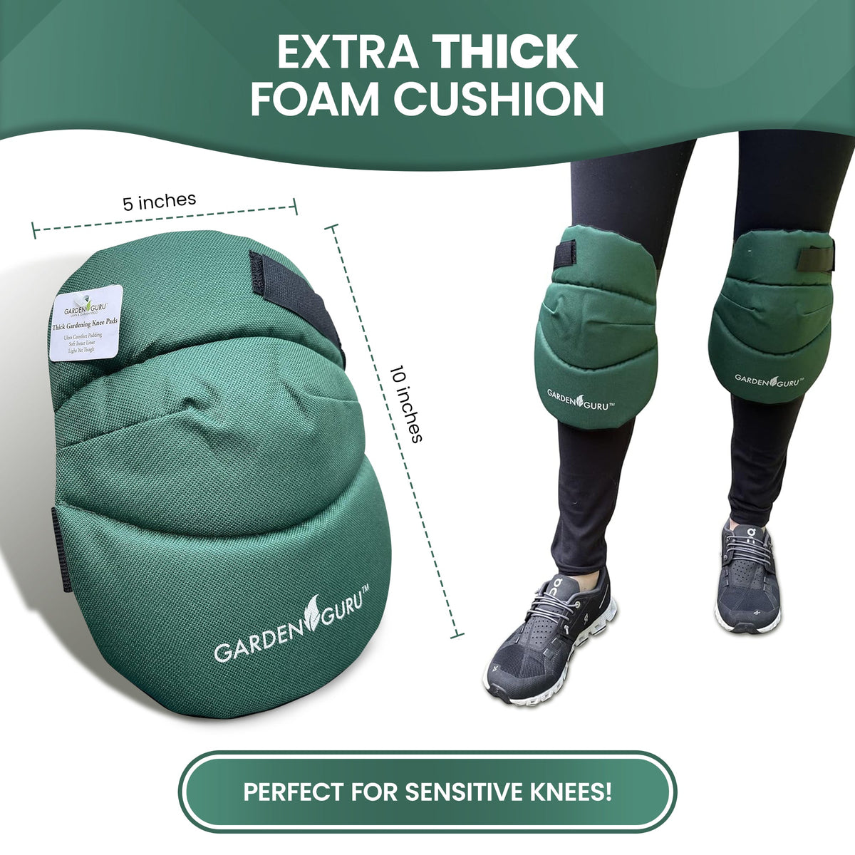 Extra cushioned gardening kneepads with extra-thick foam cushion, worn on knees