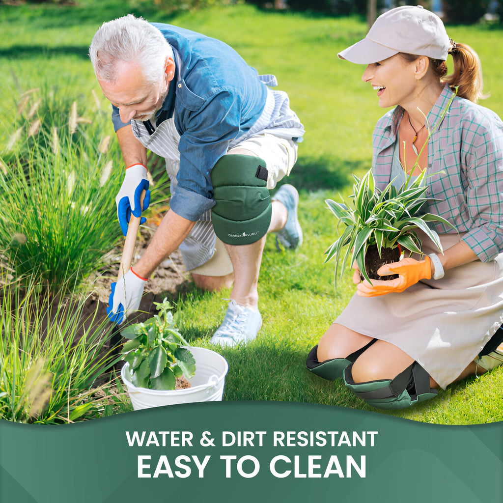 Green extra cushioned gardening kneepads worn during gardening kneeling
