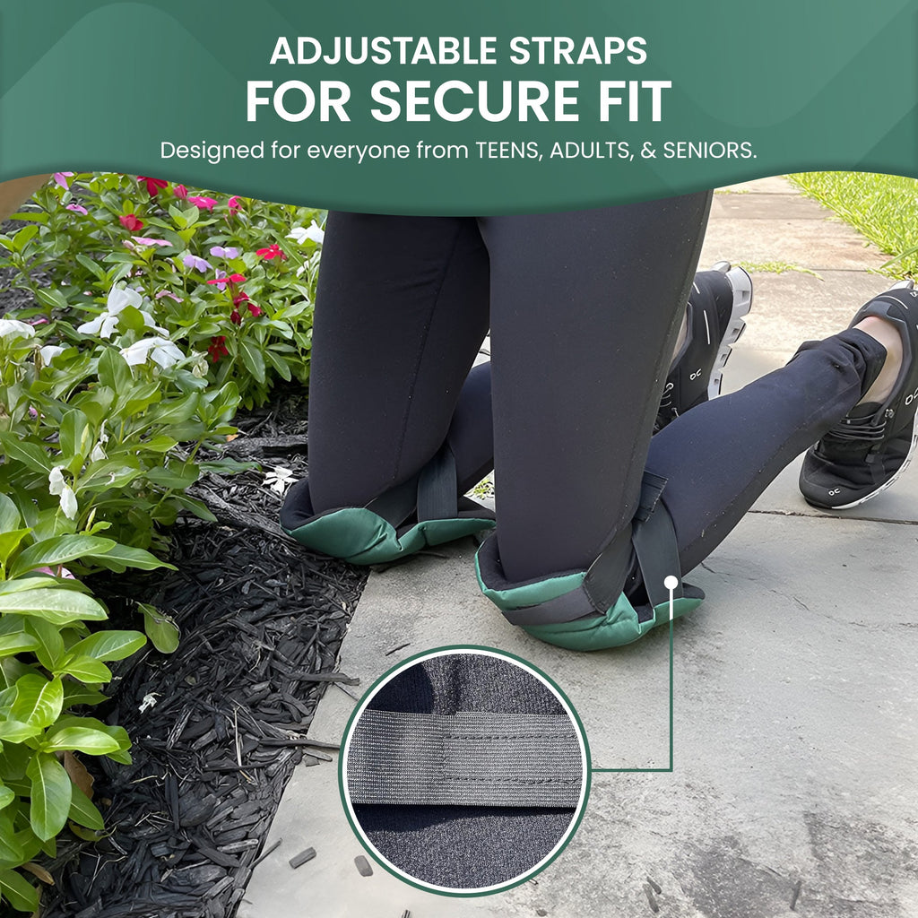 Green extra cushioned gardening kneepads with adjustable straps, worn on knees