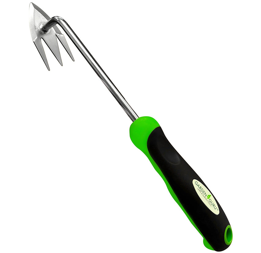 Garden weeder tool with stainless steel fork head and green-black ergonomic handle