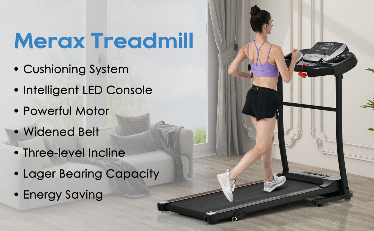 Folding treadmill with black deck, silver console, and hand pulse sensors.