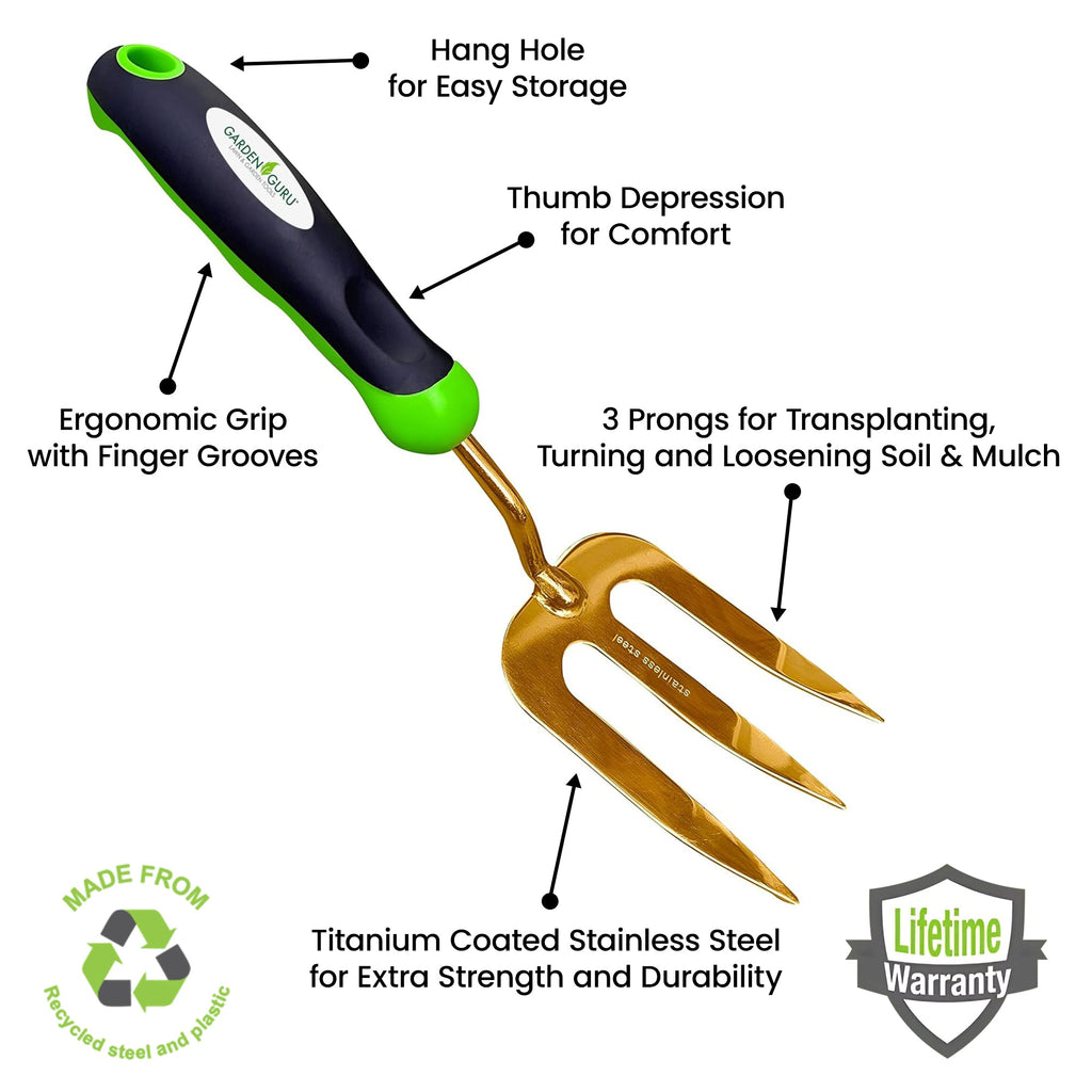 Three-prong transplanter with green ergonomic handle and hang hole for storage