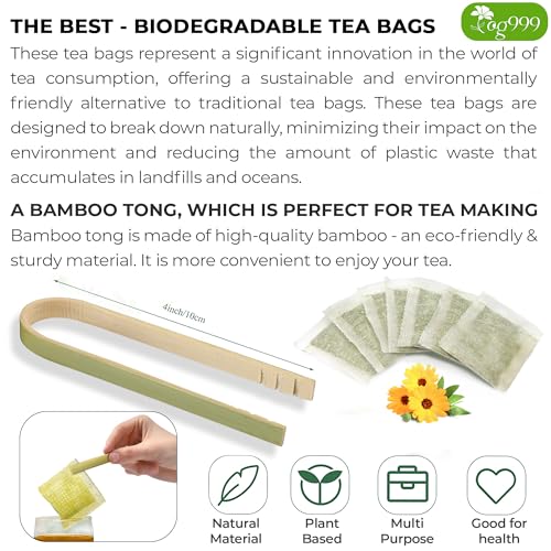 Biodegradable tea bags with bamboo tong and tea bags arranged on a light background