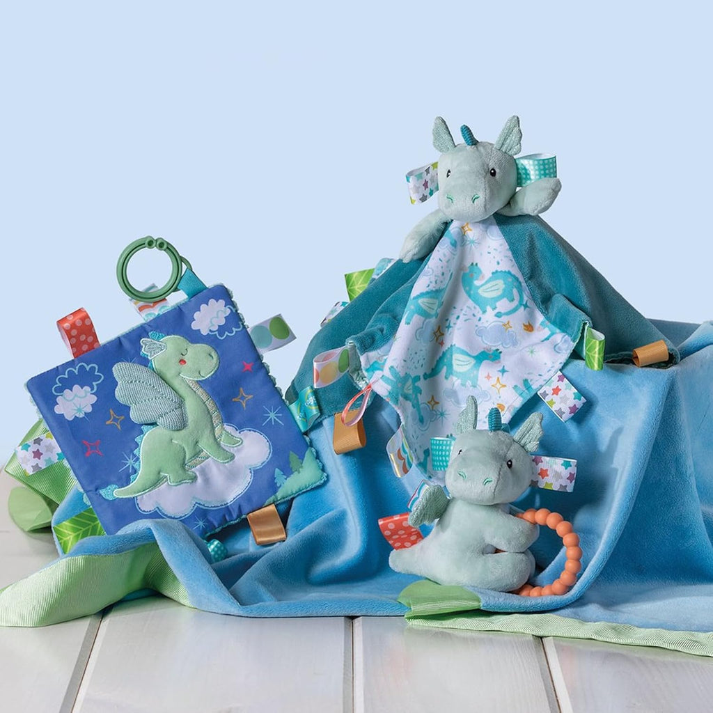 Mint plush elephant baby toy with soft play blanket, fabric tags, and teething ring