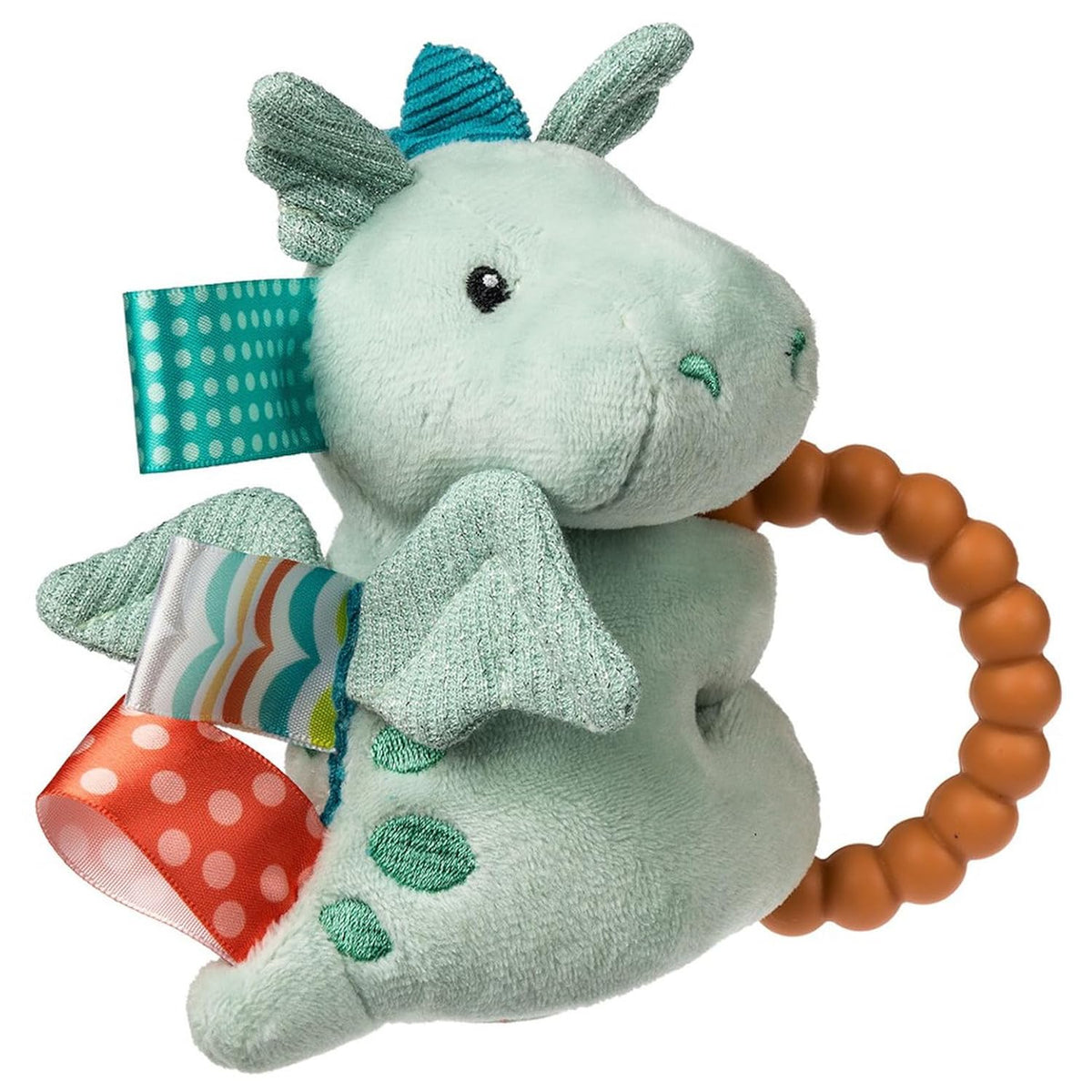 Mint-green plush elephant baby toy with fabric tags and brown teething ring, side view