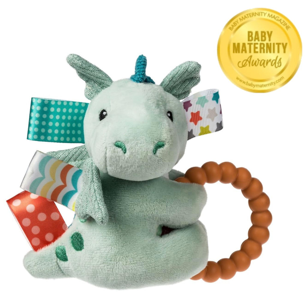Mint-green plush elephant baby toy with fabric tags, brown teething ring, gold award seal