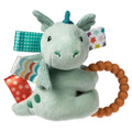 Mint-green plush baby elephant toy with fabric tags and brown teething ring