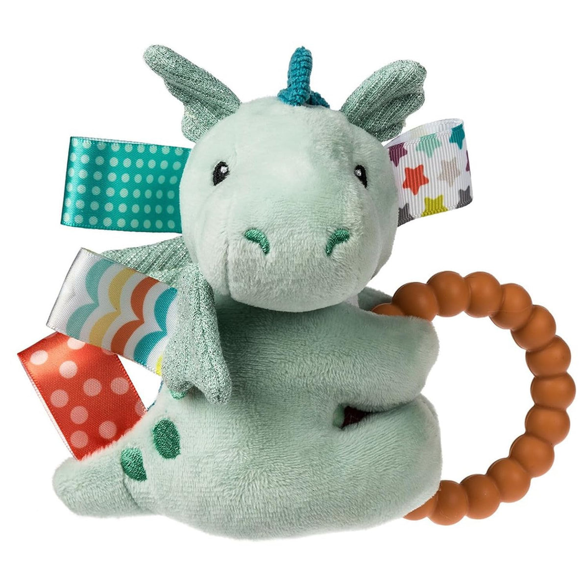 Mint-green plush baby elephant toy with fabric tags and brown teething ring