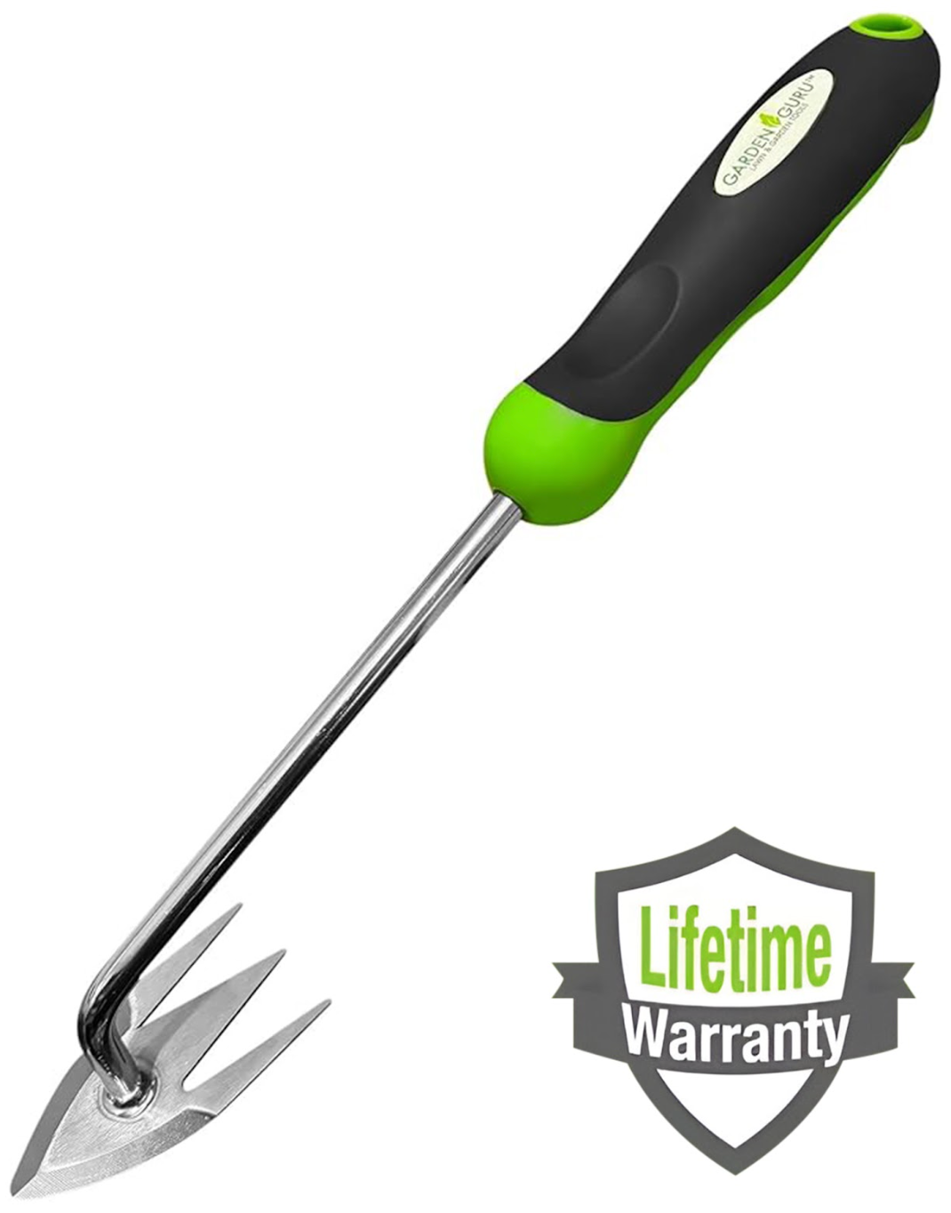 Garden root weeder tool with three-prong metal head and green-black grip handle