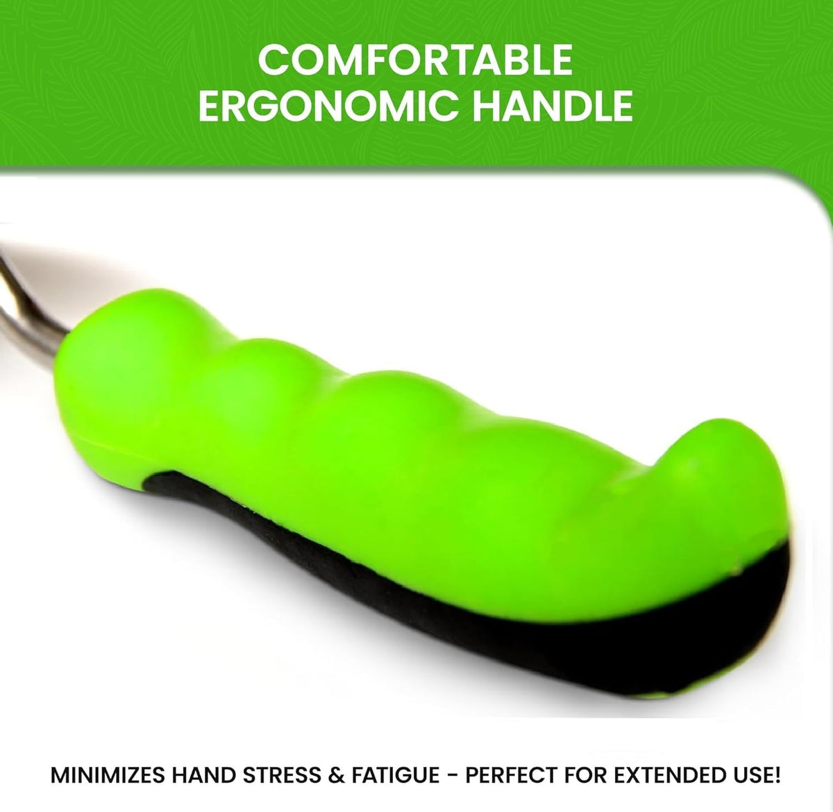 Ergonomic garden weeder handle with bright green grip and black comfort base