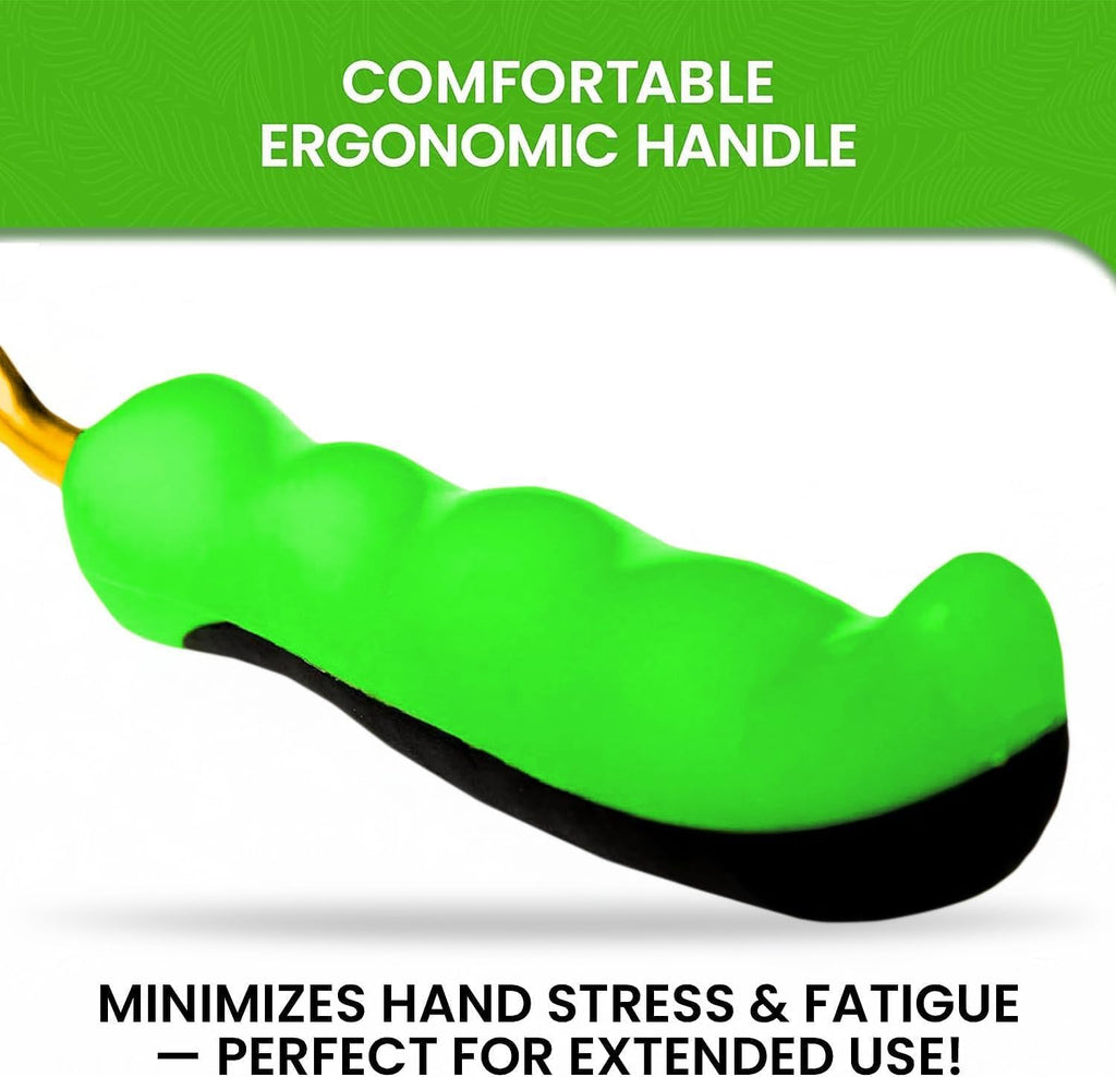 Ergonomic green handle with black grip end on titanium garden transplanter tool