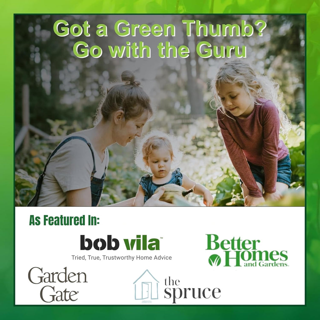 Garden Guru promotional card with family gardening and brand logos