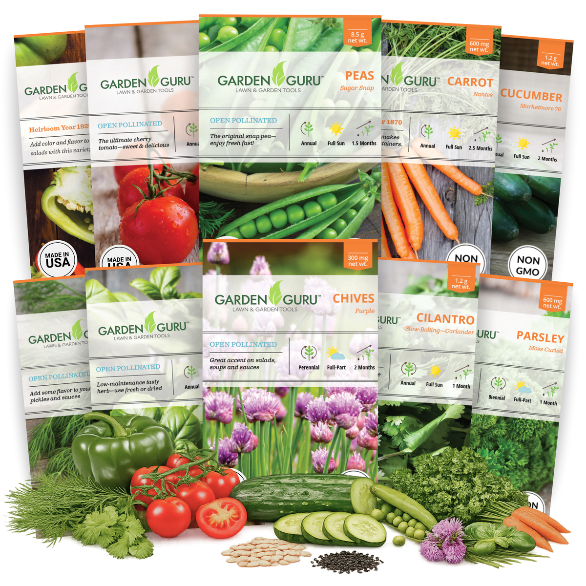 Vegetable and herb seed set: labeled seed packets with cucumber, tomato, carrot, peas