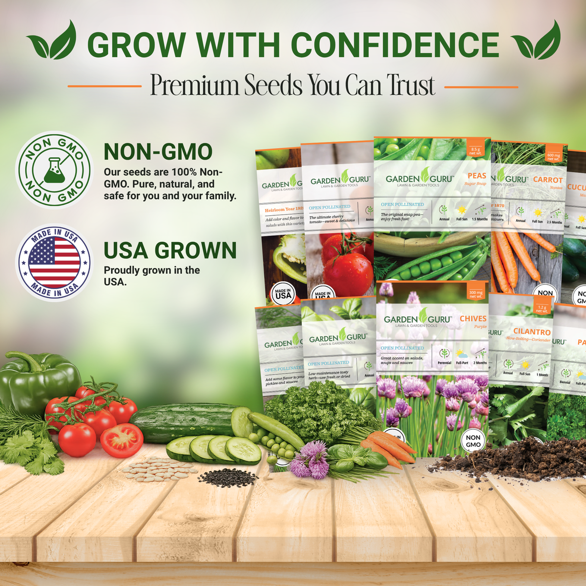 Garden Guru vegetable and herb seed set with multiple seed packets and fresh produce