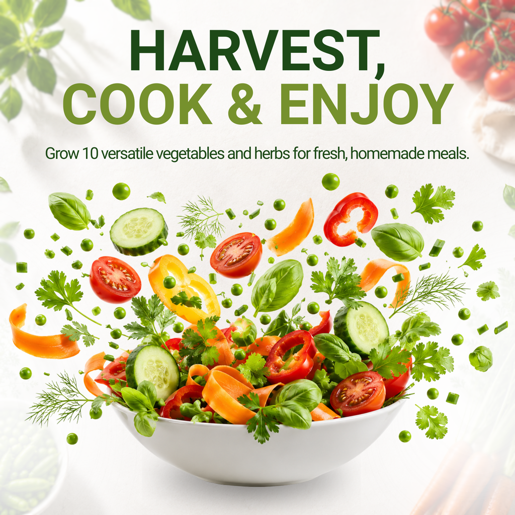 Harvest meal image with bowl of mixed vegetables and herbs