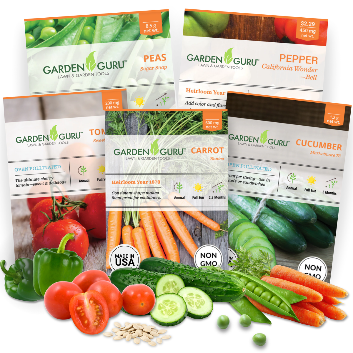 Vegetable seed set gift pack with carrot, pepper, peas, tomato, and cucumber seed packets