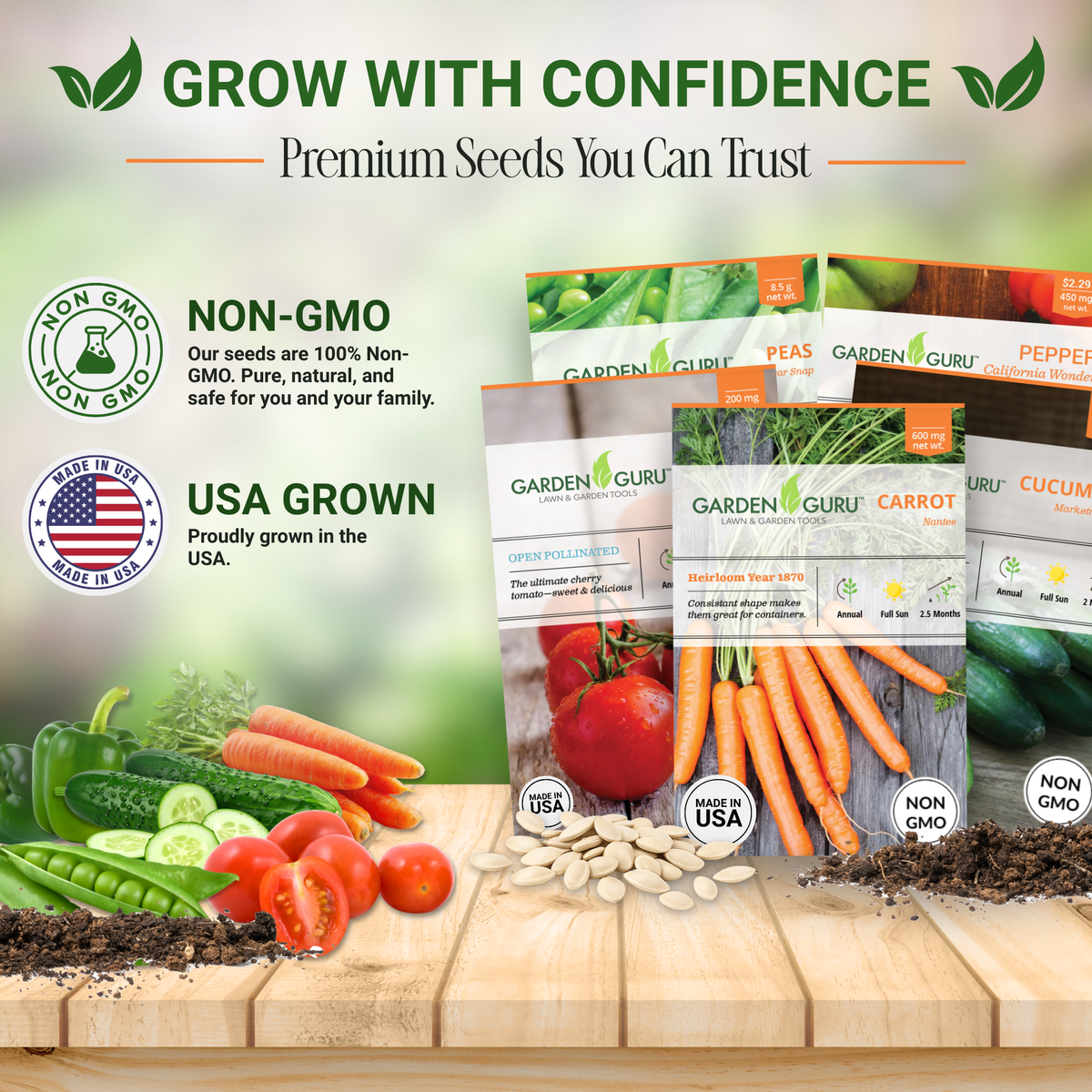 Vegetable seed set non-GMO USA grown badge with seed packet bundle