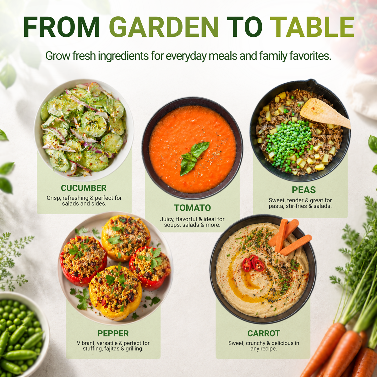 Vegetable seed set recipe cards for cucumber, tomato, peas, and carrot