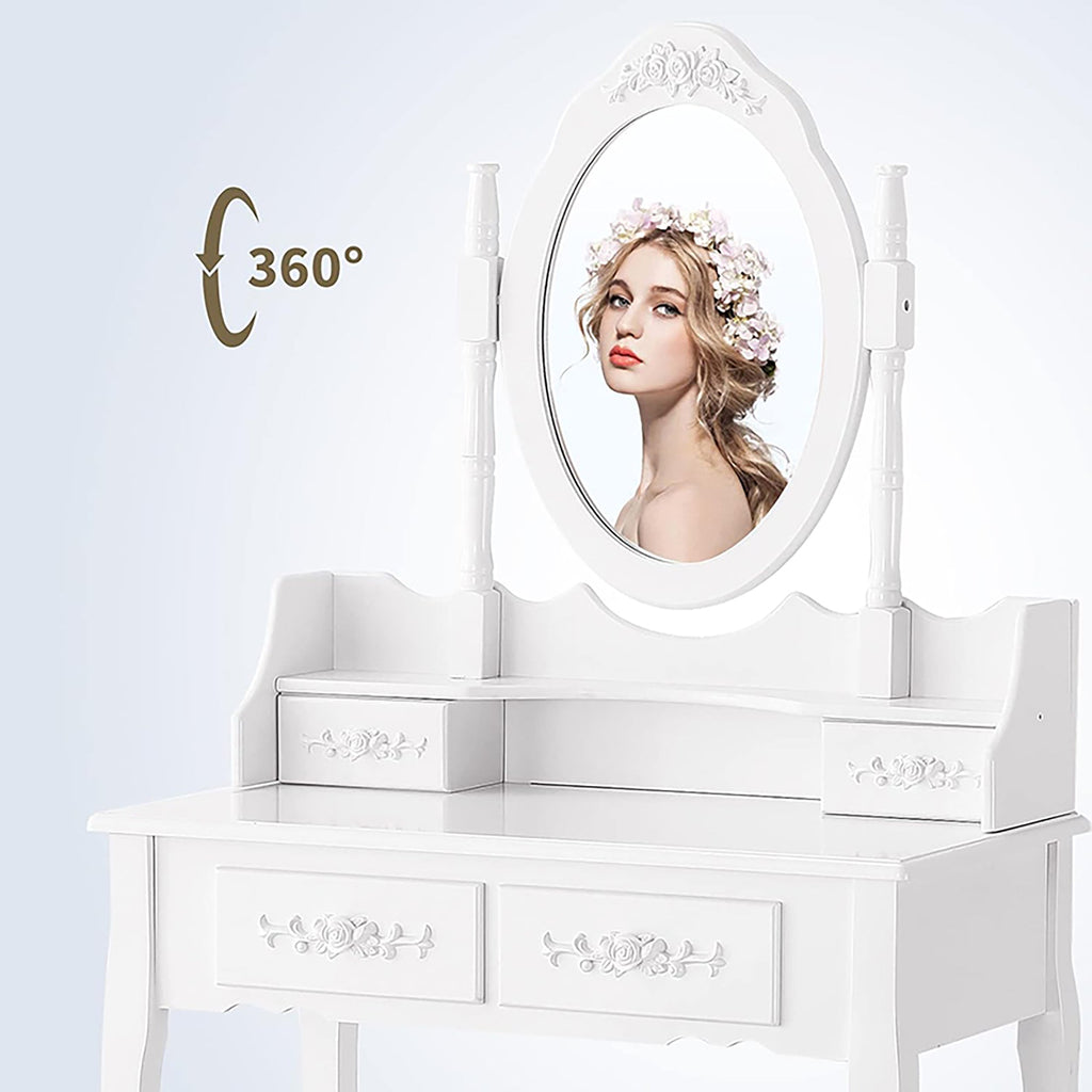 White makeup vanity table with oval mirror, decorative posts, and two drawer fronts