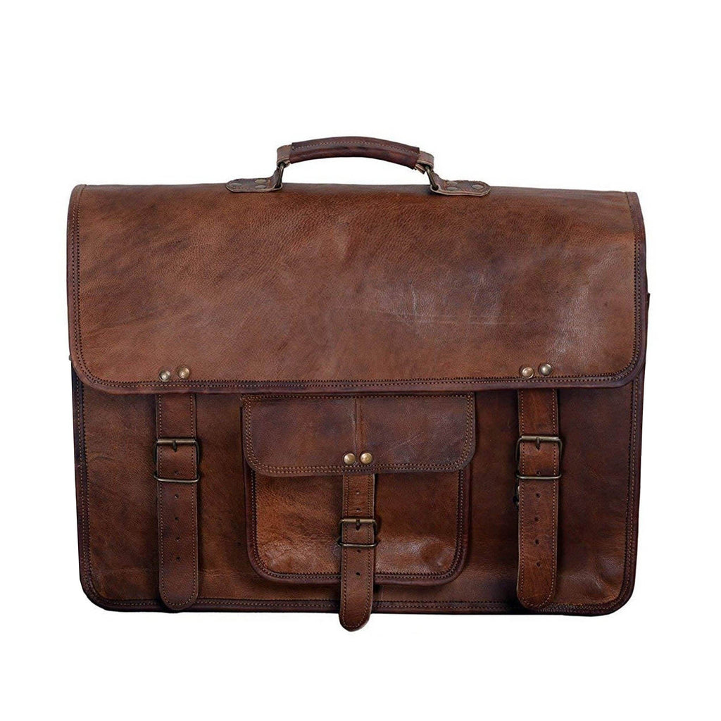 Brown leather briefcase with front flap, studs, and dual side buckles