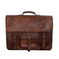 Brown leather briefcase with front flap, studs, and dual side buckles