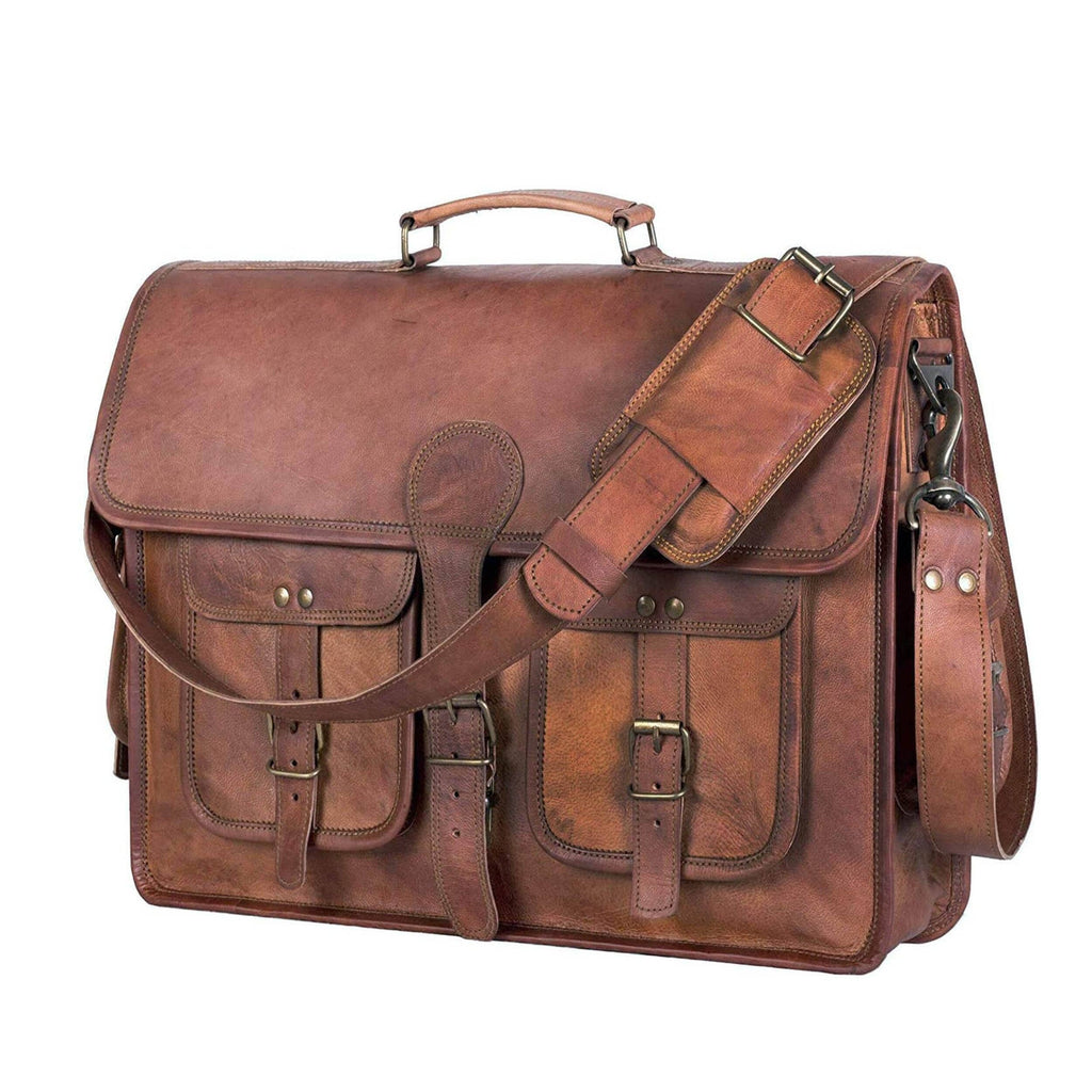 Leather briefcase with flap front, buckle straps, and top handle in dark tan.