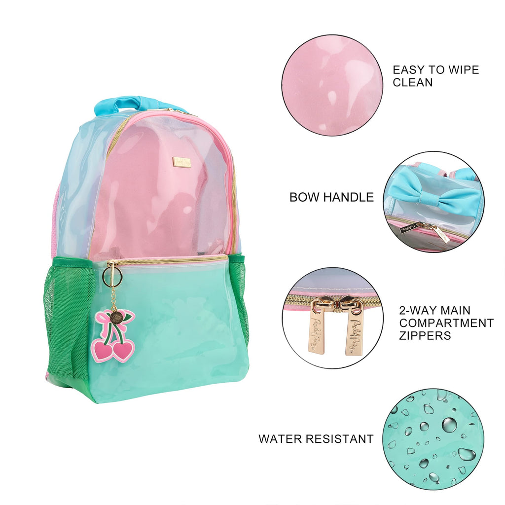 Clear jelly backpack features: water resistant finish, bow handle, two-way zippers