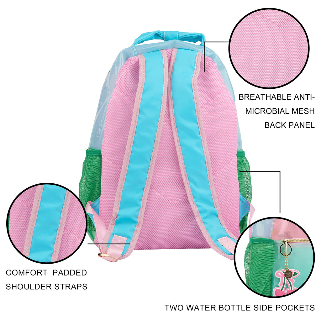 Backpack back panel with breathable mesh straps, padded comfort straps, side bottle pockets