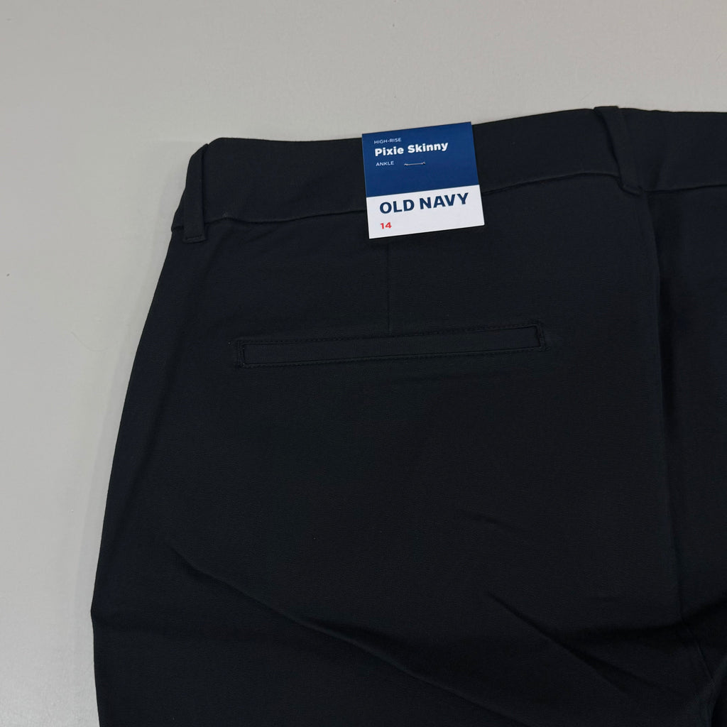 Women’s high-rise skinny ankle pants, dark black, back pocket and waistband label