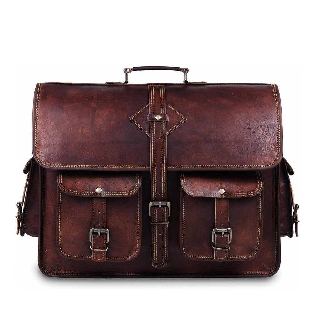 Brown leather briefcase with top handle, front flap, and two snap pockets