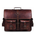 Brown leather briefcase with top handle, front flap, and two snap pockets