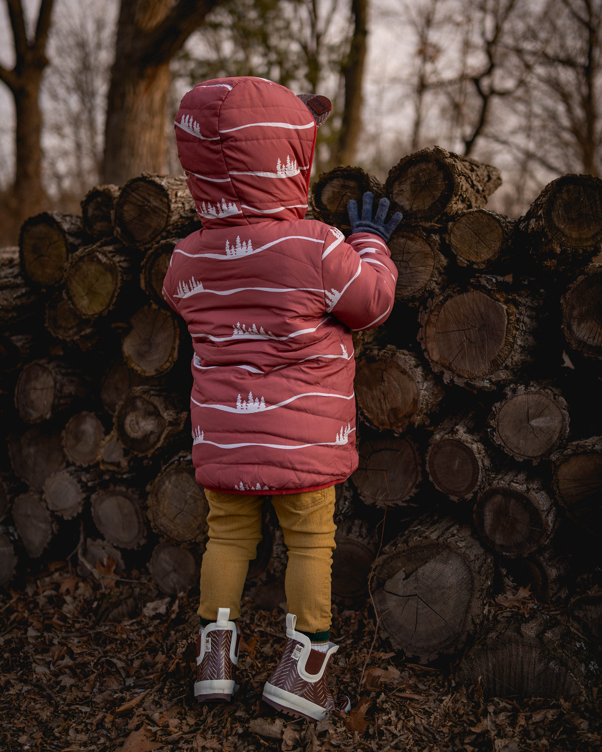 Kids reversible puffy jacket back view, maroon hooded puffer with white stripe motifs
