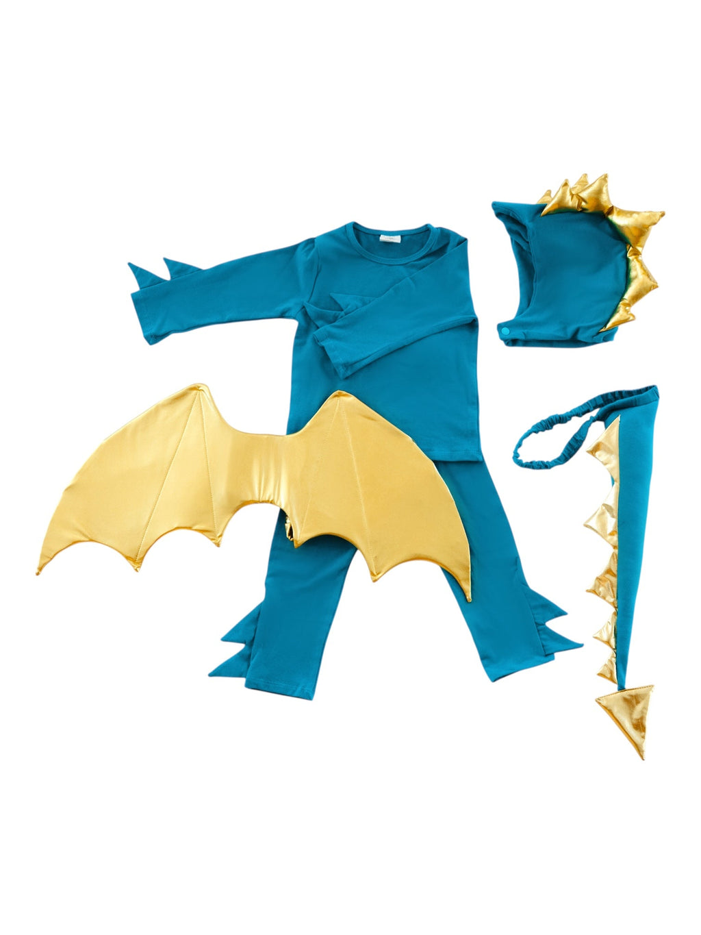 Turquoise dragon costume components: long-sleeve shirt, pants, gold wings, and tail trim.