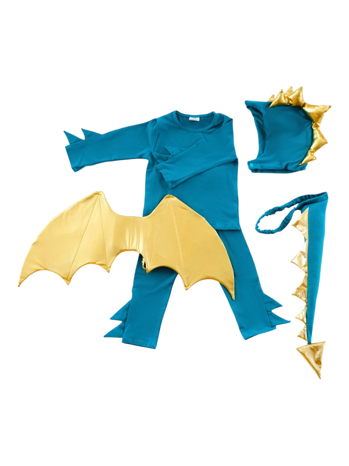 Turquoise dragon costume components: long-sleeve shirt, pants, gold wings, and tail trim.