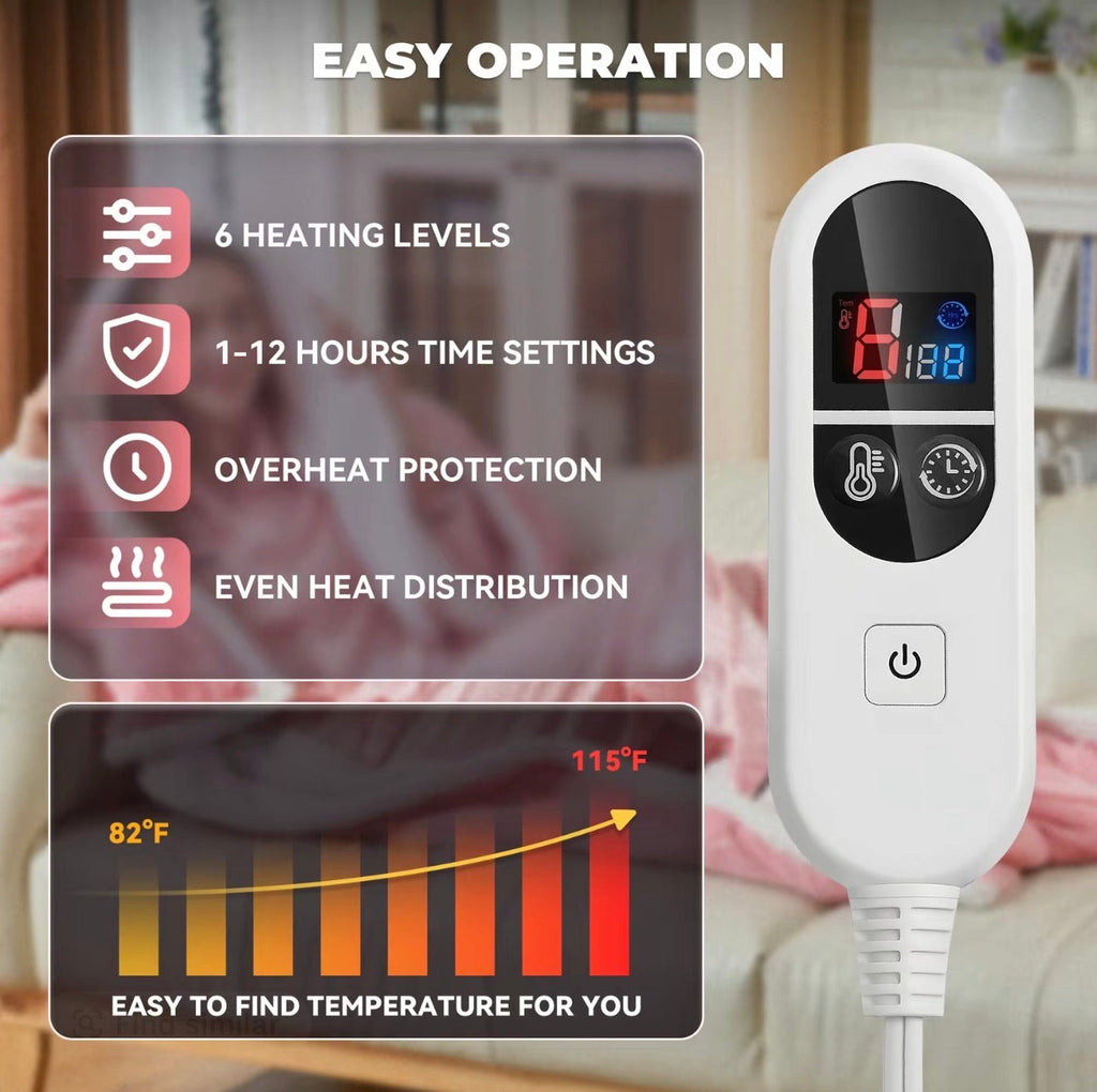 Heated wearable blanket controller with LED display for setting heat levels