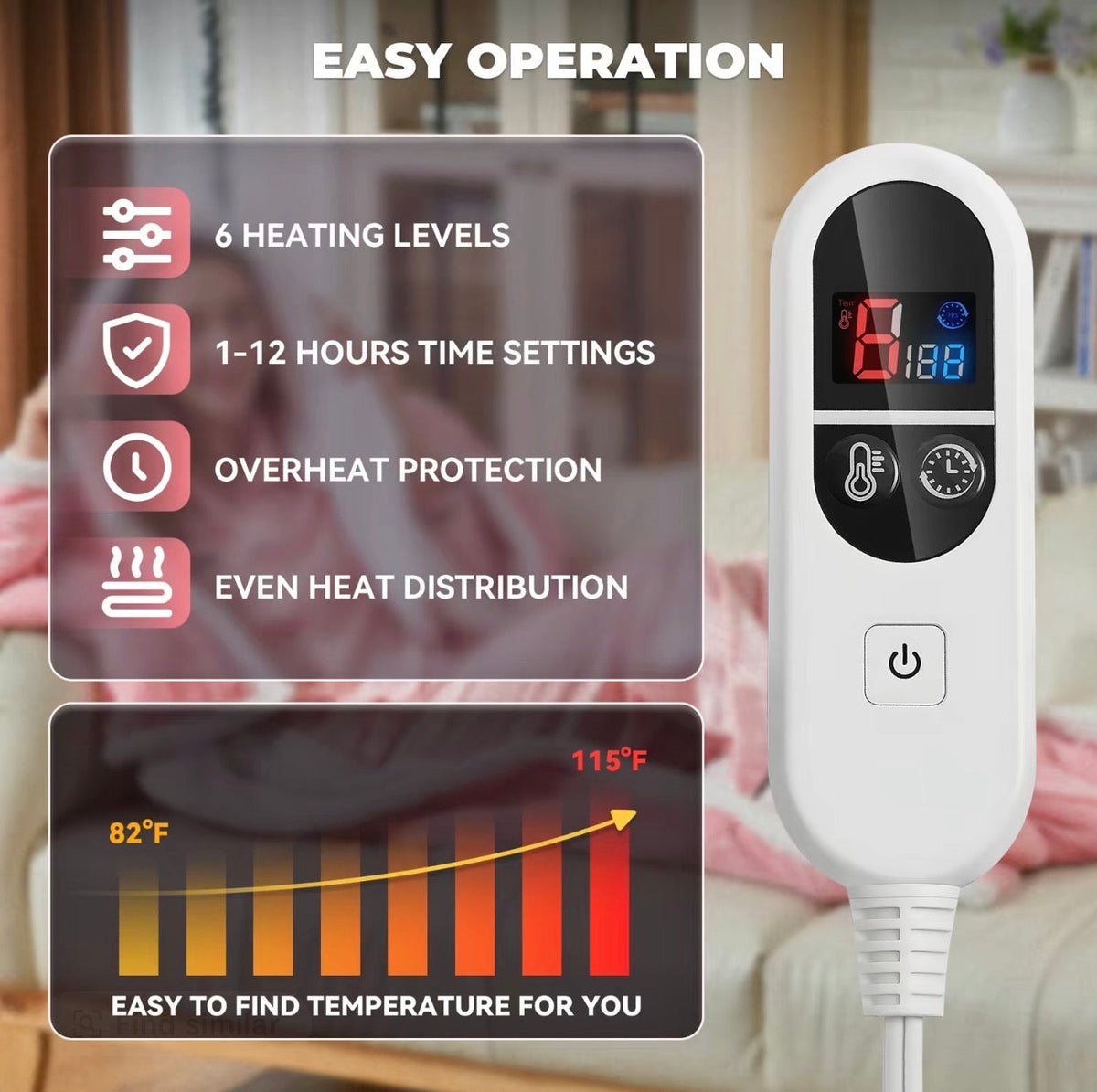 Heated wearable blanket controller with LED display for setting heat levels