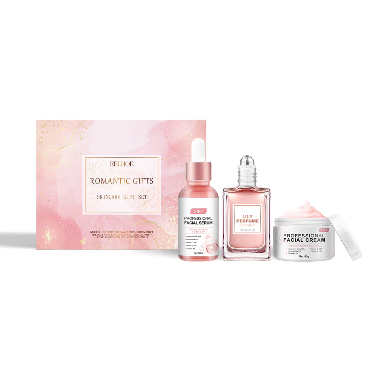 Skincare gift set with pink serum bottles, facial cream jar, and Romantic Gifts box