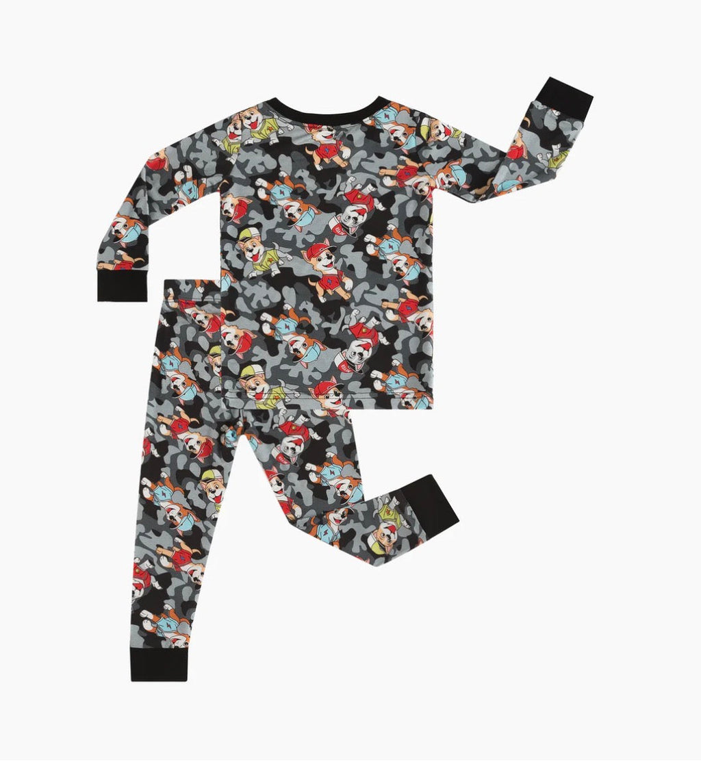Bamboo pajama set with black cartoon animal print, crew neck and full-length pants