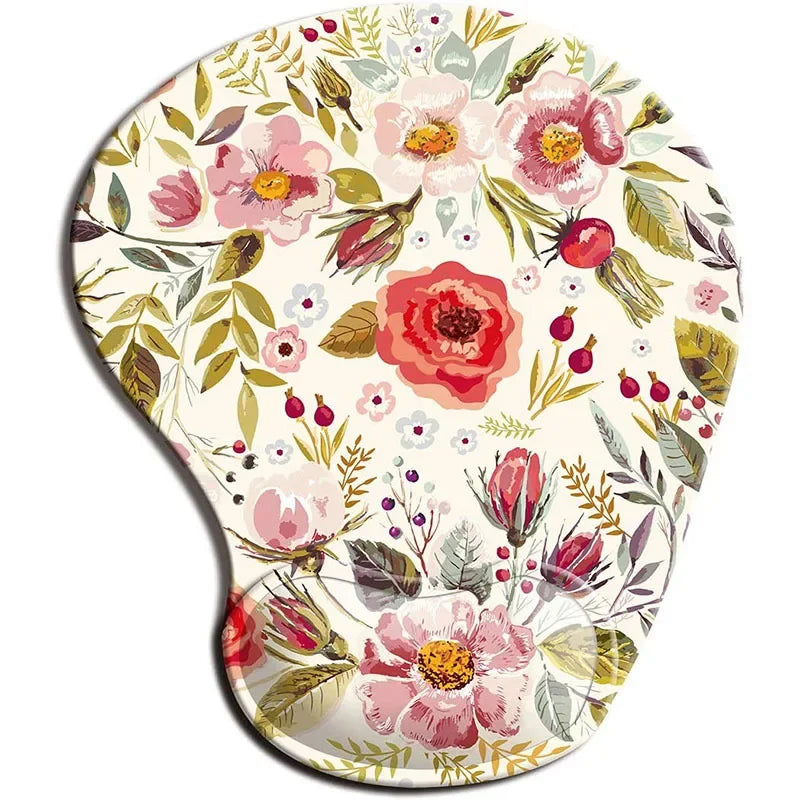 Ergonomic mouse pad with wrist rest, cream floral meadow print with pink and red blooms