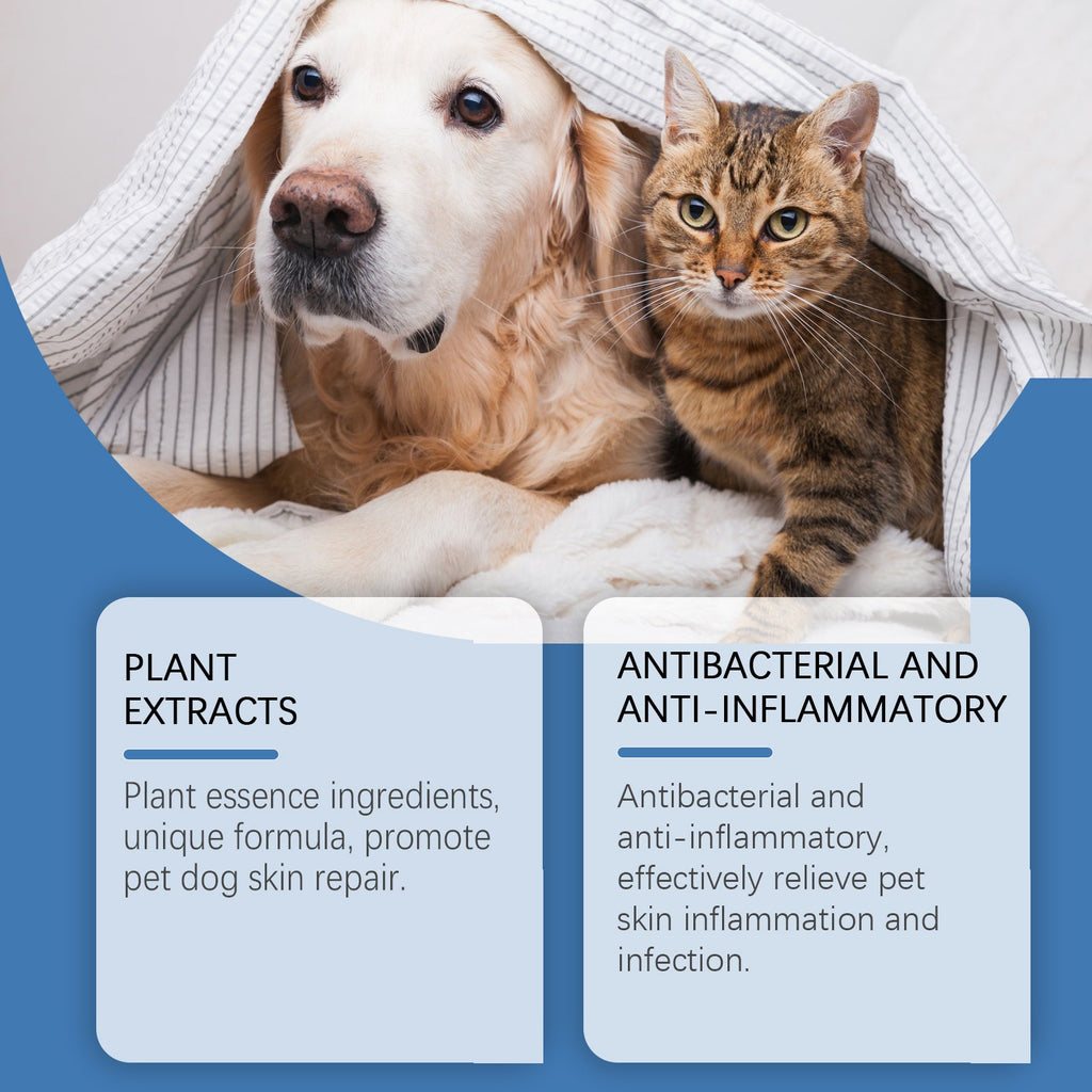 Pet hot spot spray with dog and cat plus callouts for plant extracts and antibacterial anti-inflammatory.