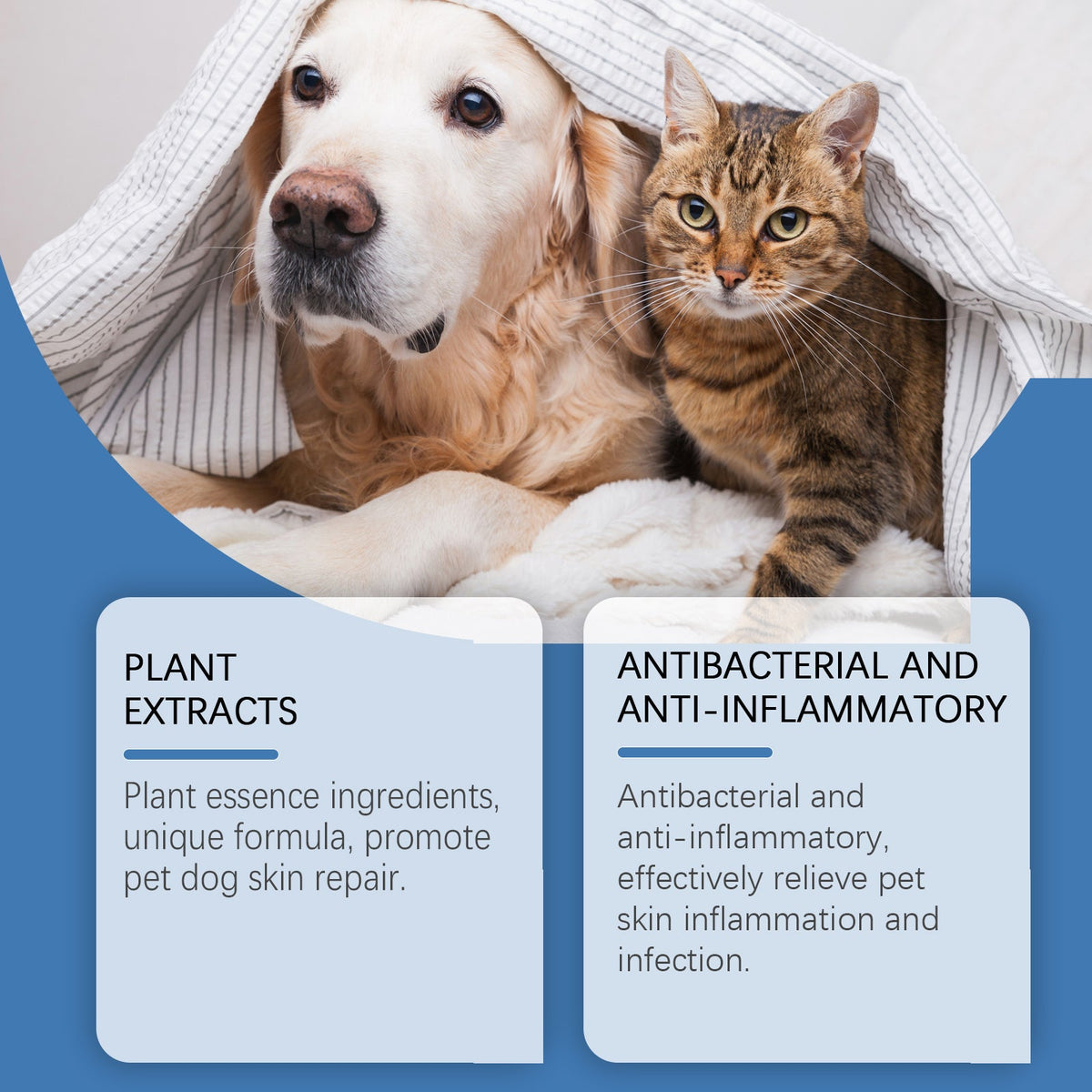 Pet hot spot spray with dog and cat plus callouts for plant extracts and antibacterial anti-inflammatory.