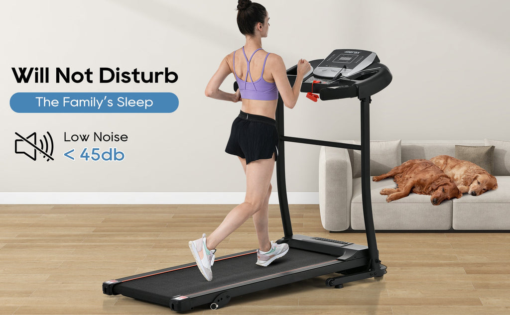 Black folding treadmill with console and pulse handlebar, user walking