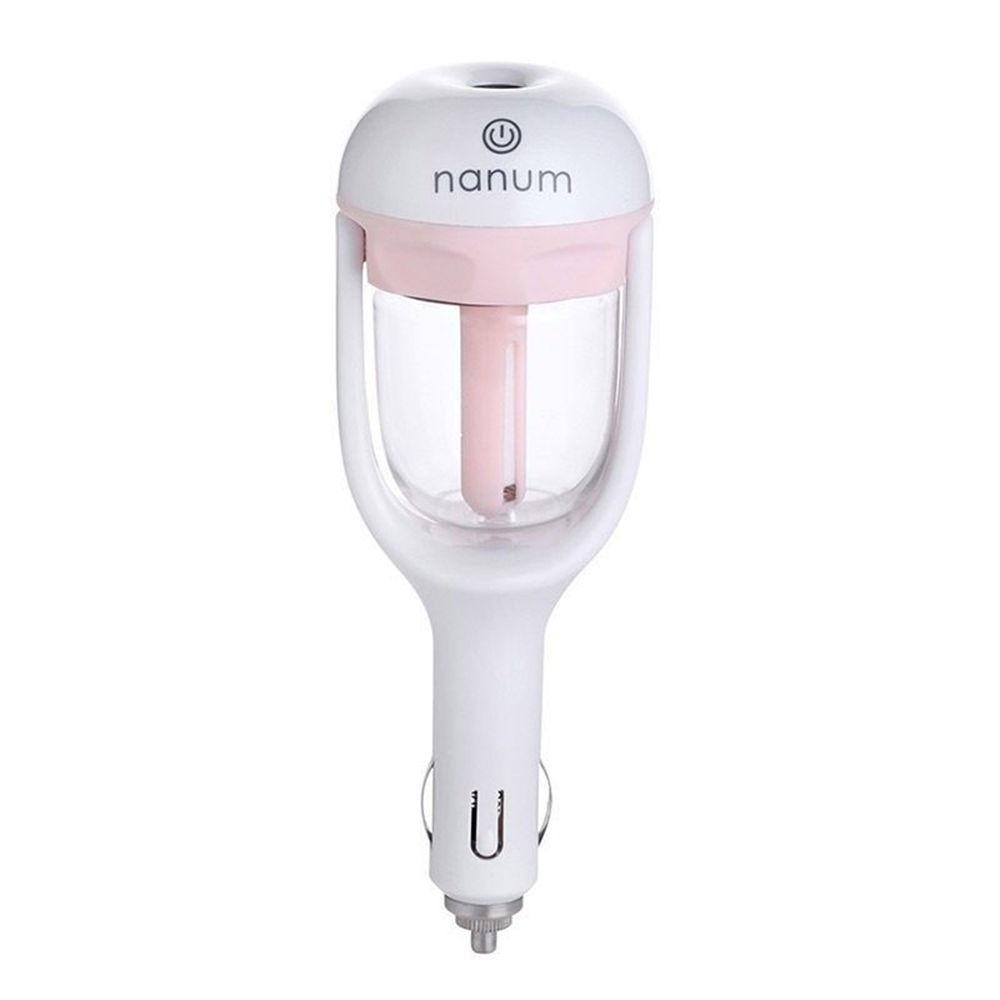 Pink mini car air humidifier diffuser with clear tank and U-shaped button