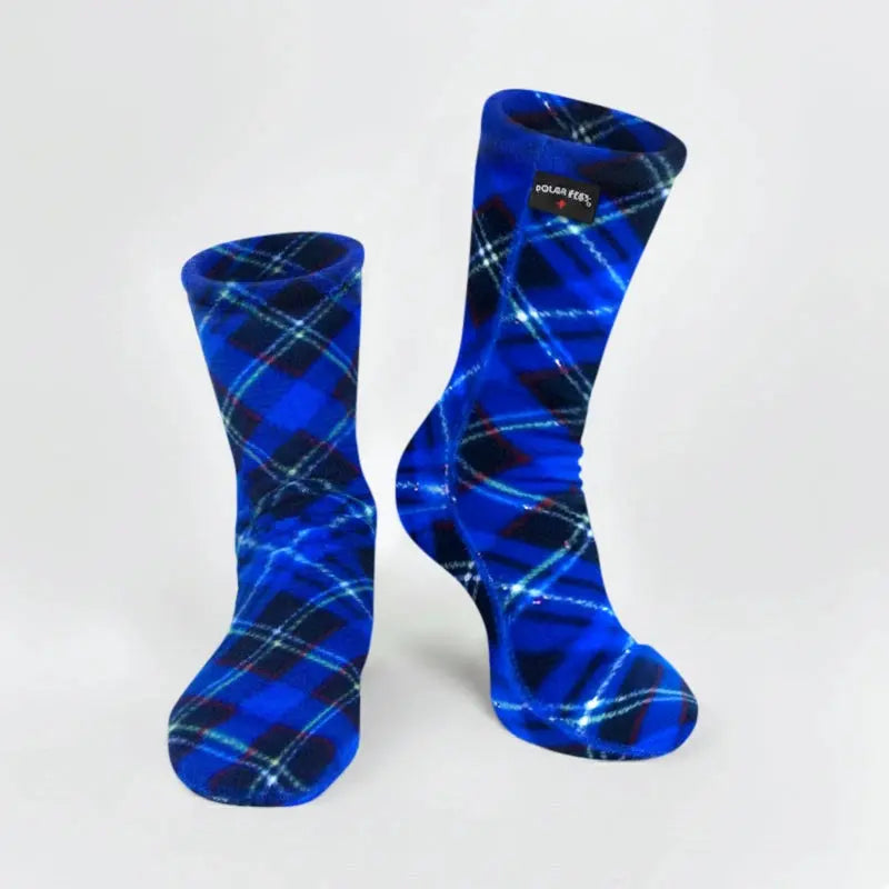 Fleece crew socks in blue argyle plaid, cushioned knit with dark lines.