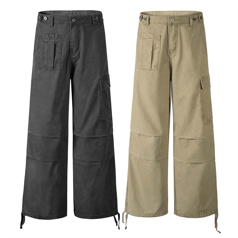 Men's dark gray straight-leg work pants, cargo pockets, drawstring hem