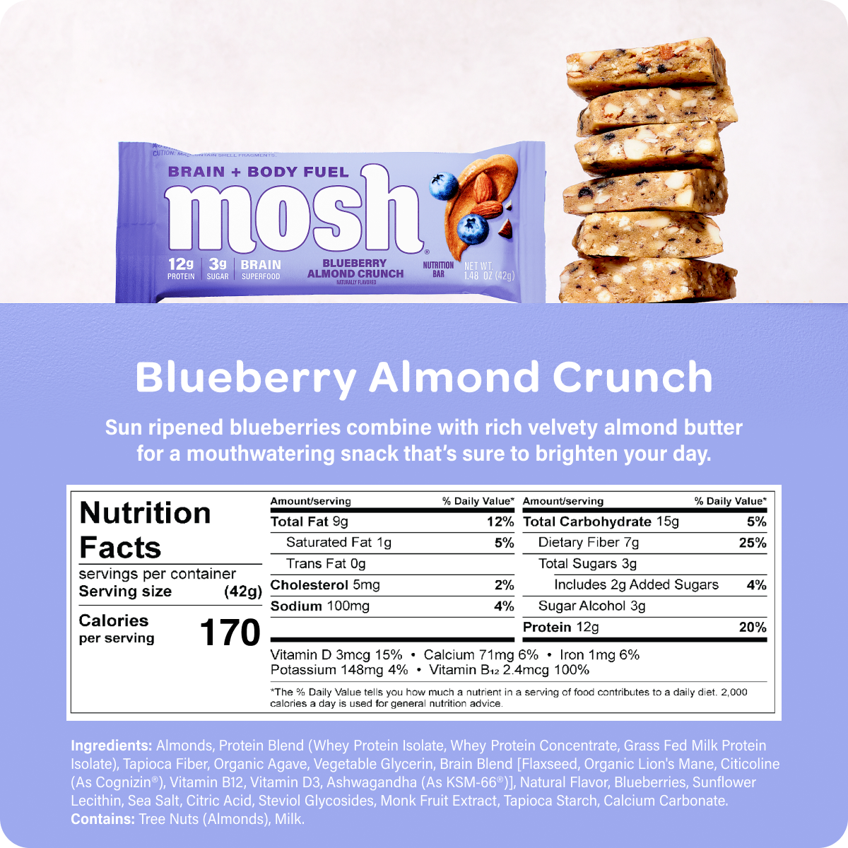 Blueberry Almond Crunch mosh protein bar box with Nutrition Facts panel