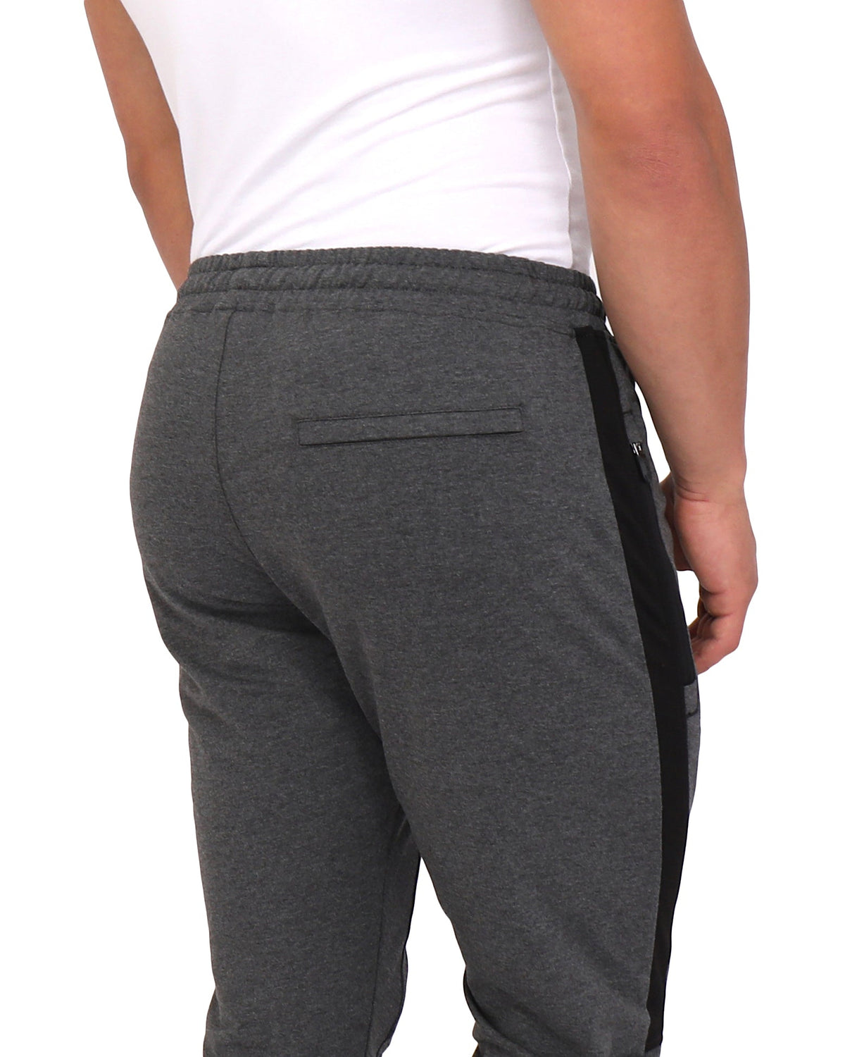 Dark heather grey jogger pants with elastic waist and vertical side stripe