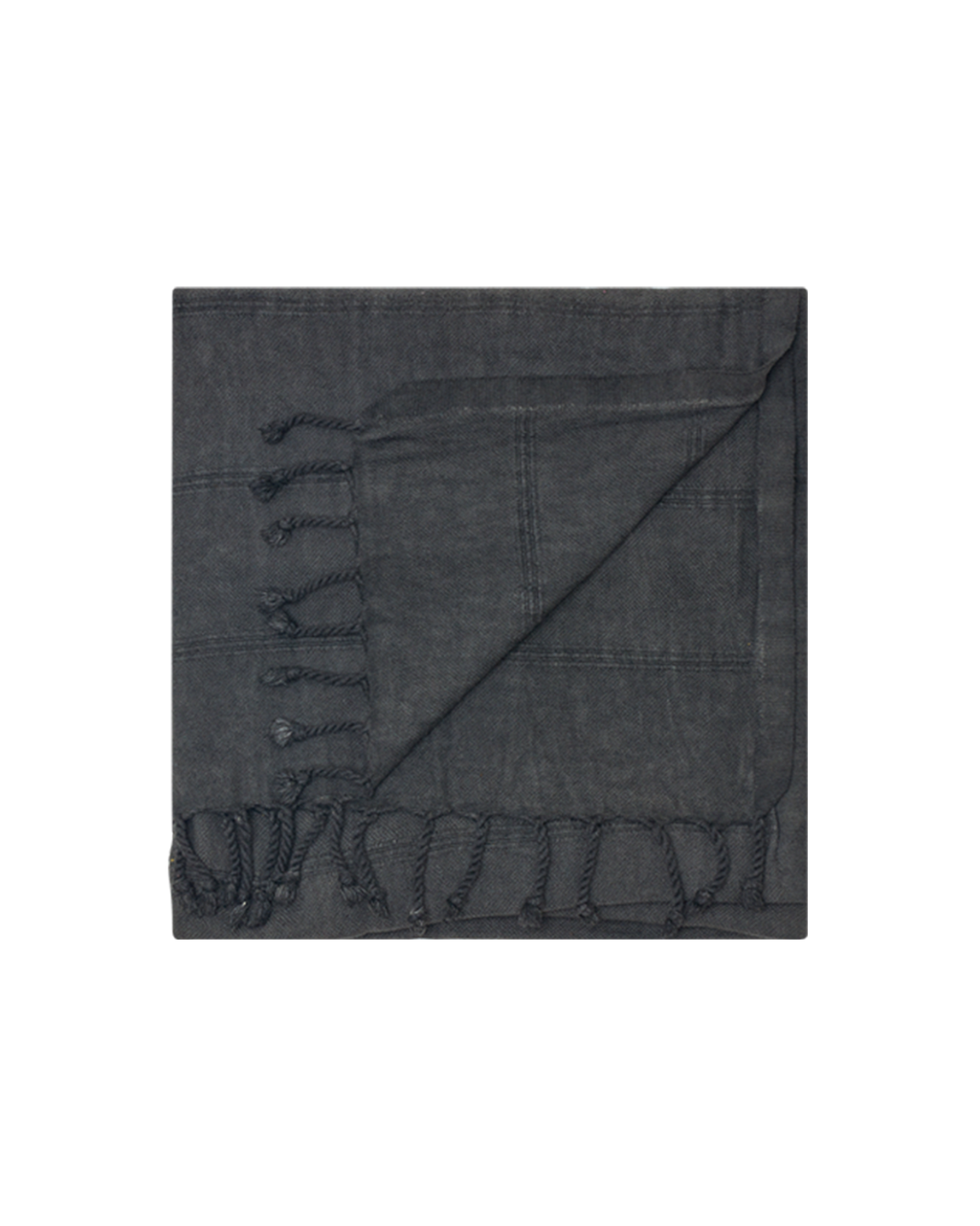 Sand-free beach towel corner detail, dark charcoal with stitched fringe